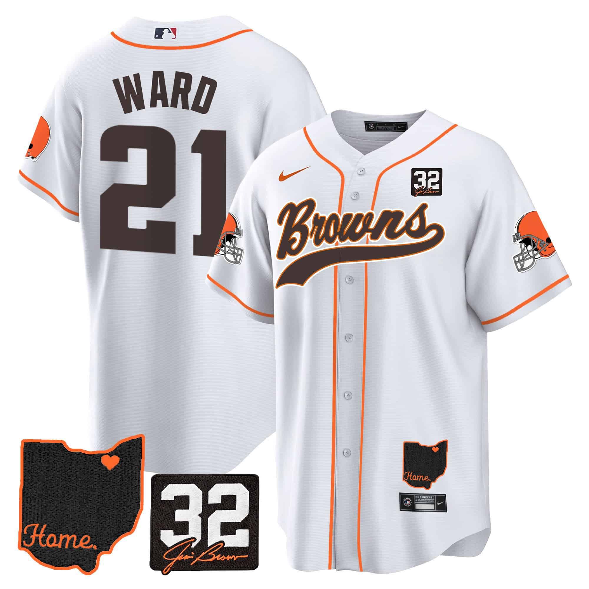 Men Cleveland Browns #21 Ward White Memorial Home Patch Baseball 2024 Nike NFL Jersey